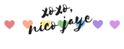 Signature with xoxo, nico jaye, with rainbow hearts background